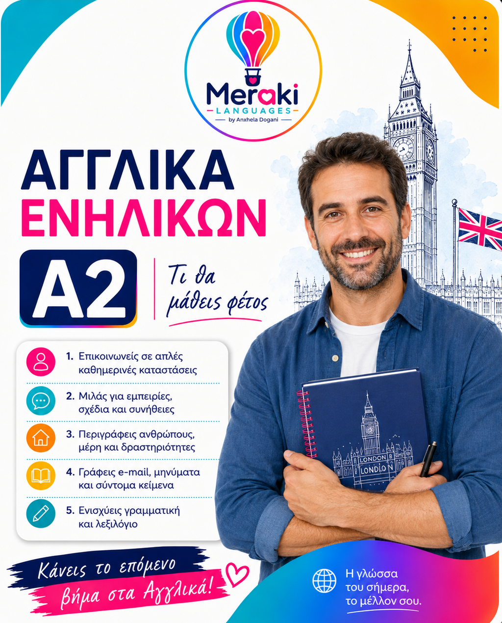 Μάθημα A2 Αγγλικών Ενηλίκων / Online ή δια ζώσης